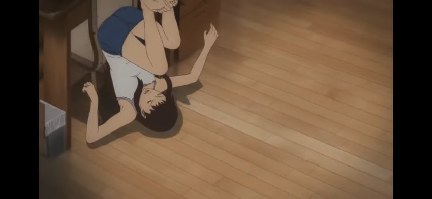 1girls anime_screencap ass bare_legs barefoot black_hair chair denim_skirt female floor frilly_clothing furniture gyo_tokyo_fish_attack jean_skirt junji_ito kaori_(gyo) legs long_hair ova purple_frill screencap sleeveless sleeveless_shirt thighs upside-down wooden_floor