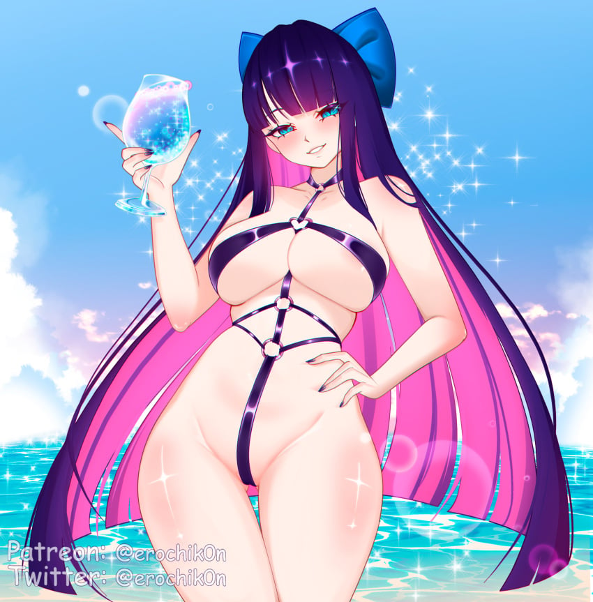 1girls beach bikini blue_eyes blue_sky bow cameltoe crotch_strap cup drink erochik0n glass groin hairbow long_hair multicolored_hair nail_polish panty_&_stocking_with_garterbelt sky slingshot_swimsuit smile stocking_anarchy swimsuit teeth two-tone_hair very_long_hair