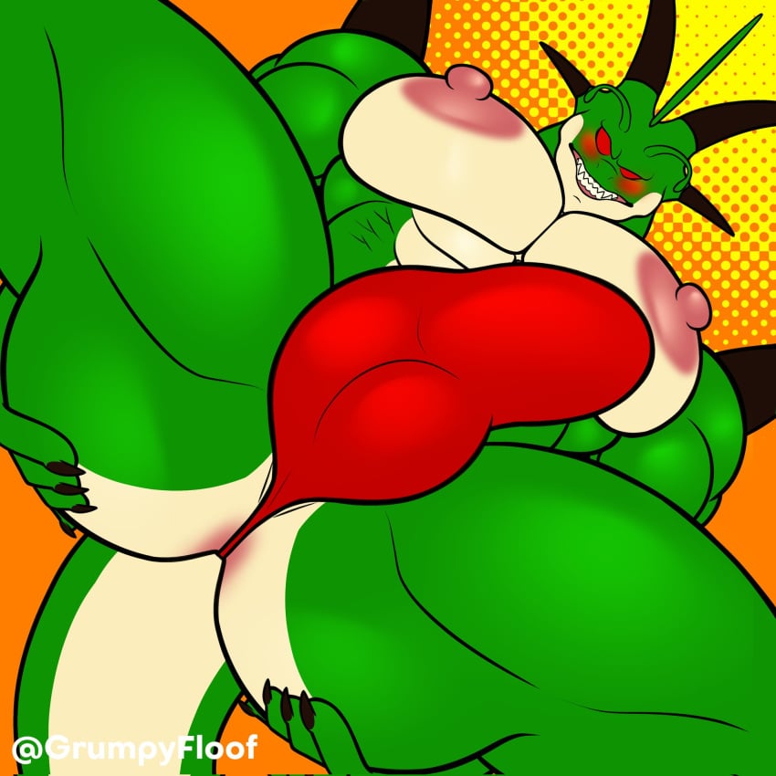 5_fingers abs alien antennae_(anatomy) anthro anus ass big_butt big_muscles big_pecs black_nails blush bottomwear bulge claws clothed clothing colored_nails digital_media_(artwork) dragon dragon_ball dragon_ball_z fingers genitals green_body green_skin grumpyfloof hi_res horn humanoid humanoid_genitalia looking_at_viewer male muscular muscular_anthro muscular_male mythological_creature mythological_scalie mythology nails nipples not_furry pecs pink_nipples porunga porunga_(character) red_eyes scalie simple_background solo spread_butt spread_legs spreading tail teeth text thong underwear