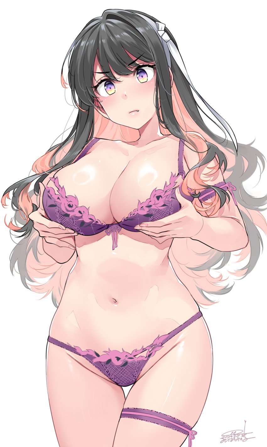 arm_strap black_hair bow bra breasts female female_only hair_ribbon highres kantai_collection lace-trimmed_bra lace-trimmed_panties lace_trim large_breasts lingerie long_hair mitsuba_minoru multicolored_hair naganami_(kantai_collection) navel oerba_yun_fang panties pink_hair purple_bra purple_panties ribbon solo_female thigh_strap two-tone_hair two_tone_hair underwear yellow_eyes