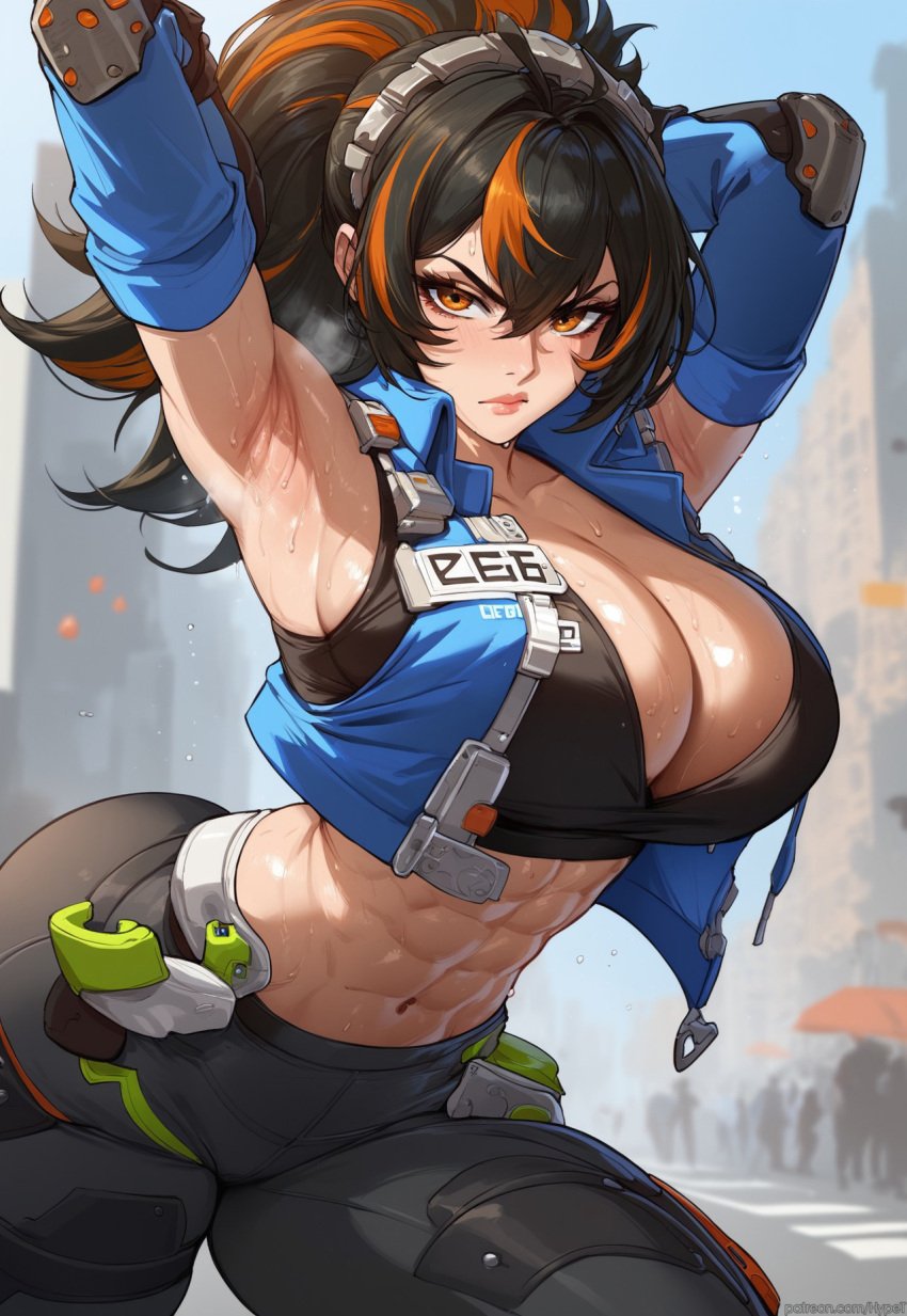 abs ai_generated angry_face armpit armpits belly_button big_breasts black_hair female fit fit_female hands_behind_head hypet looking_at_viewer pants police police_uniform shiny shiny_skin solo standing strong strong_woman sweat sweaty_armpits tagme video_game_character video_games wet zenless_zone_zero zhu_yuan