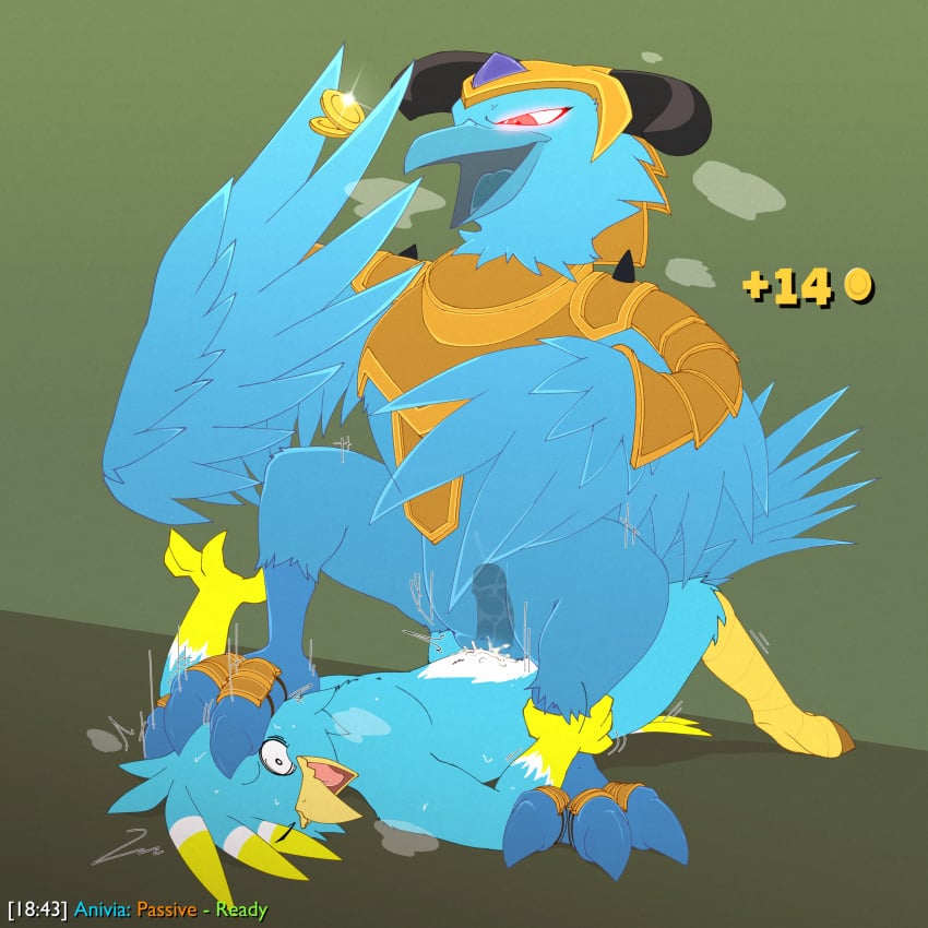 absurd_res animal_genitalia anivia anthro anthro_on_feral anthro_only armor avian bird cloaca cloacal cloacal_penetration cryophoenix dominant dominant_feral duo female feral genitals gold hi_res league_of_legends male male/female money penetration penis power_bottom questionable_consent riot_games size_difference stomping taylor_vee tencent translucent translucent_penis vogold zoophilia