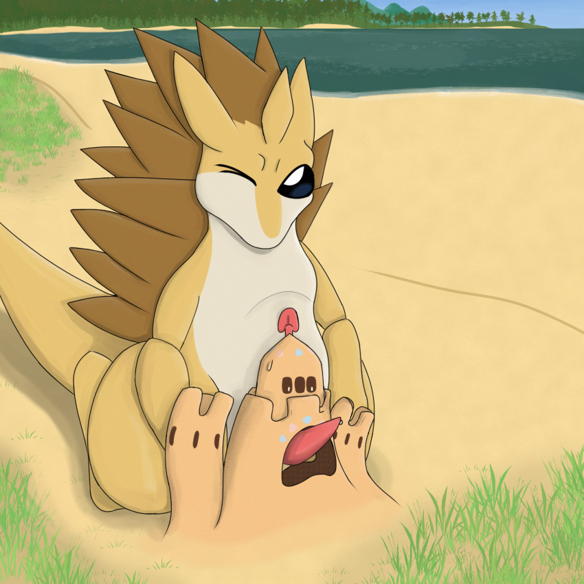 ambiguous_gender bodily_fluids detailed_background duo fellatio feral genital_fluids hi_res male male/ambiguous mammal mayorornot nintendo oral palossand penile pokémon_(species) pokemon pokemon_(species) precum sand sand_castle sandpan sandslash sculpture sex sirodethna size_difference video_games