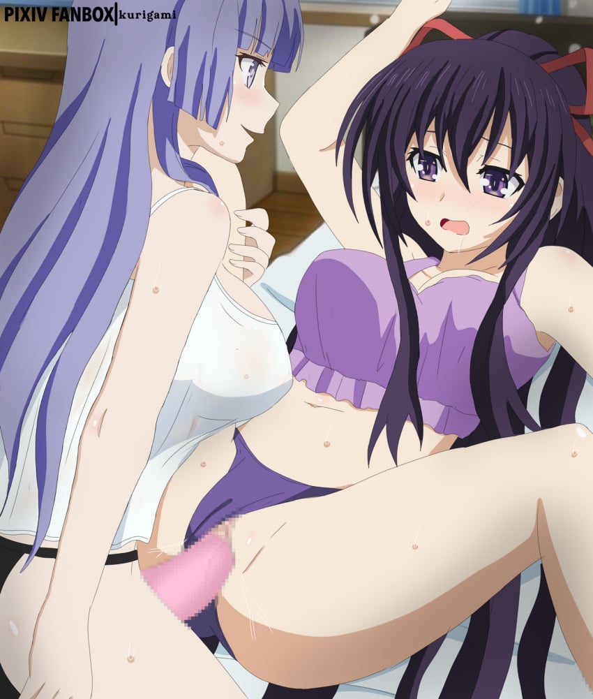 2d 2girls ass bed bedroom blush breasts clothed clothed_sex date_a_live grey_eyes grey_hair izayoi_miku kurigami light-skinned_female multiple_girls panties purple_eyes purple_hair riding sex strap-on thighs vaginal_penetration yatogami_tohka yuri