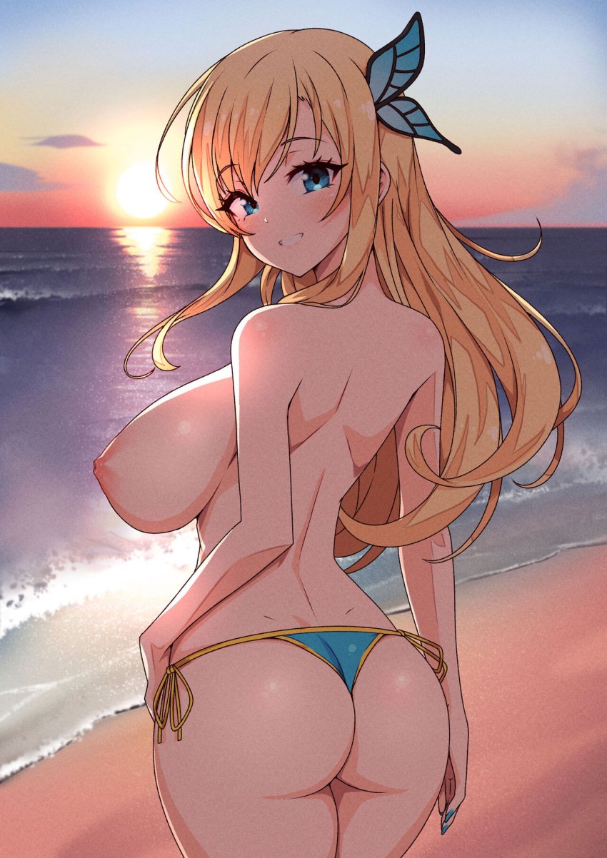 beach bikini_bottom bikini_bottom_only blonde_hair blue_eyes boku_wa_tomodachi_ga_sukunai breasts_out butterfly_hair_ornament exhibitionism large_breasts long_hair looking_at_viewer looking_back ocean outdoors sena_kashiwazaki smile topless virus-g