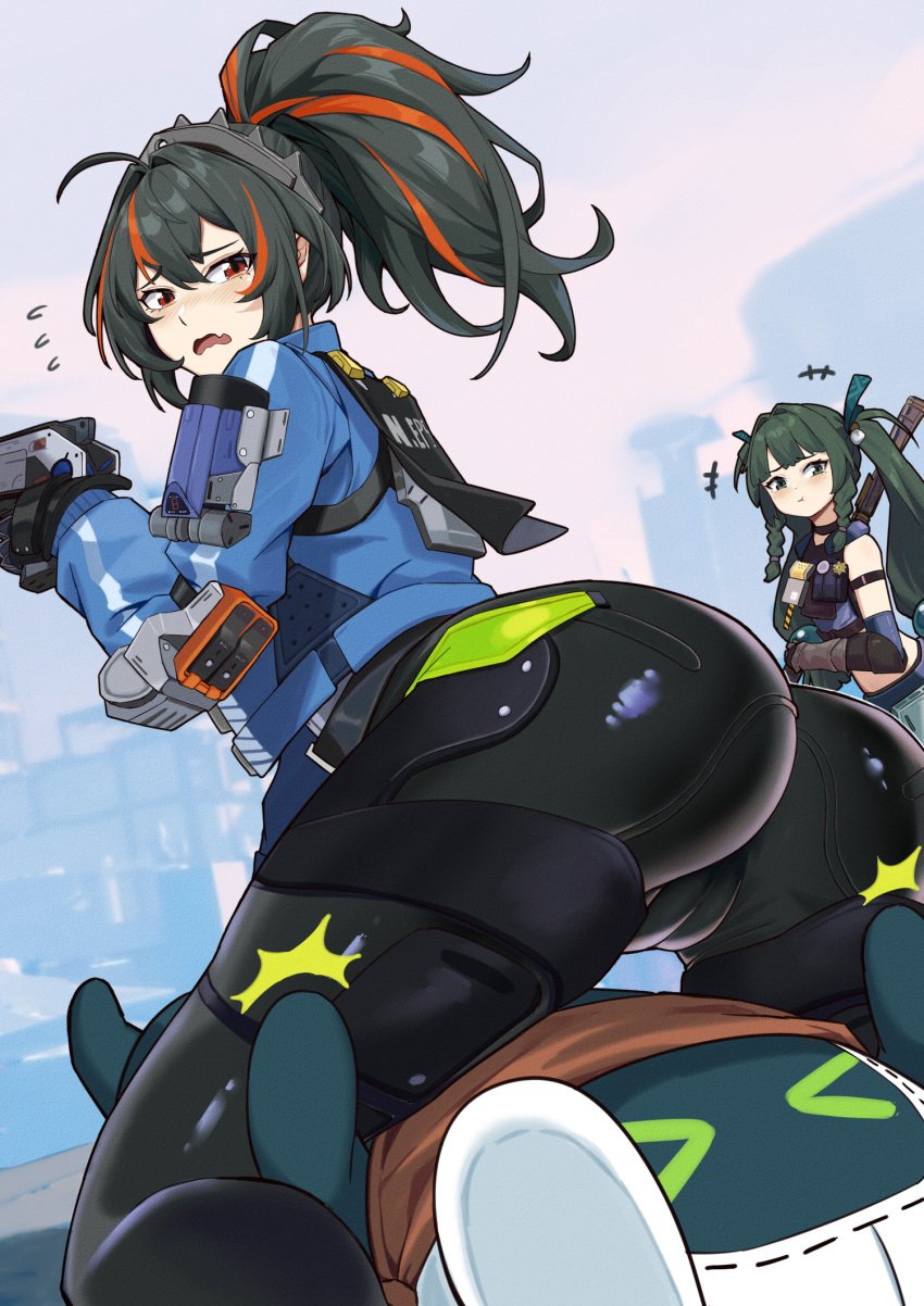 >_< +++ 2girls :t ahoge android ass bangboo_(zenless_zone_zero) black_choker black_gloves black_hair black_shirt blue_jacket blush choker closed_mouth clothes_writing commentary_request crop_top eous_(zenless_zone_zero) gauntlets gloves green_eyes green_hair green_ribbons gun hair_between_eyes hair_ribbon high-waist_pants highres holding holding_gun holding_staff holding_weapon holster holstered hpapo jacket kneeling long_hair looking_at_another metal_hairband midriff multicolored_hair multiple_girls nose_blush oerba_yun_fang open_clothes open_jacket open_mouth outdoors pants police police_uniform policewoman ponytail qingyi_(zenless_zone_zero) red_eyes red_hair ribbon robot_girl shirt shorts shoulder_holster sidelocks skin_fang skin_tight sleeveless sleeveless_shirt staff standing streaked_hair three_section_staff tight_clothes tight_pants twintails two-tone_hair uniform wavy_mouth weapon white_shirt zenless_zone_zero zhu_yuan