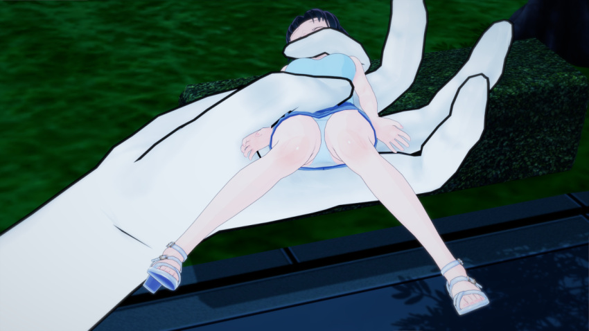 3d background_character black_hair blood-c blue_panties blue_shirt blue_skirt breasts bunny_beast curvy_female denim_skirt elder_bairn female girly_girl helpless high_heels knees_together_feet_apart legs monster pink_nails restrained ryona sleeveless_shirt upskirt