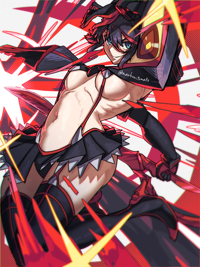 black_footwear black_hair black_skirt blue_eyes boots breasts closed_mouth female highres kill_la_kill marbow_tomato matoi_ryuuko medium_breasts microskirt multicolored_hair navel red_hair revealing_clothes scissor_blade_(kill_la_kill) senketsu skirt smile solo streaked_hair suspenders thigh_boots underboob