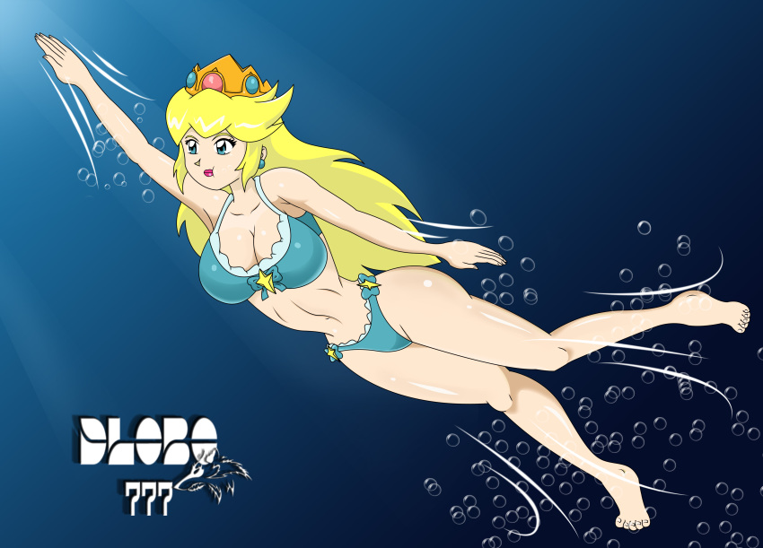 1girls barefoot big_breasts bikini blue_bikini blue_swimsuit breasts bubbles cleavage dlobo777 feet female mario_(series) navel nintendo princess_peach solo swimming swimsuit underwater water