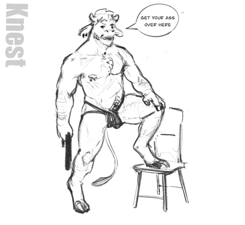 animated anthro belt bench body_hair bovid bovine bulge cattle chest_tuft clothing dialogue happy_trail imminent_spanking jockstrap knest looking_at_viewer male male_only mammal muscular patting solo tuft underwear