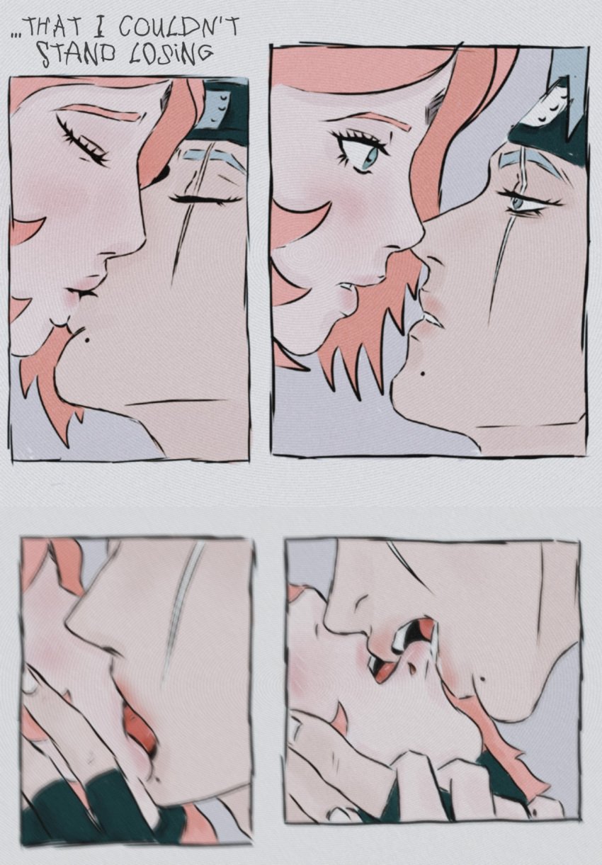 1boy 1girls 2d age_difference beauty_mark biting_another&#039;s_lip biting_lip blush couple dominant_male english_text eye_contact face-to-face face_grab female french_kiss hatake_kakashi kissing looking_at_another male male/female multiple_panels naruto naruto_(series) naruto_shippuden older_male older_man_and_teenage_girl passionate passionate_kiss pink_hair sakura_haruno scar scar_across_eye straight teacher tongue tongue_kiss younger_female