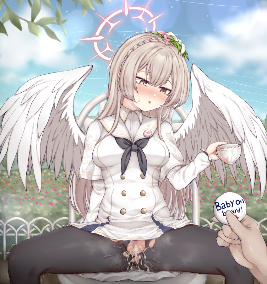 1boy absurdres after_sex after_vaginal angel_wings badge black_neckerchief black_pantyhose blue_archive blush braid breasts brown_eyes button_badge cape chair chibi chibi_inset crown_braid cum cum_in_pussy cumdrip cup day feathered_wings female flower hair_flower hair_ornament halo highres holding holding_cup light_brown_hair long_hair long_sleeves medium_breasts nagisa_(blue_archive) neckerchief nose_blush pantyhose pink_halo pussy rla13753 sailor_collar sensei_(blue_archive) sidelocks sitting solo_focus spread_legs sweat teacup torn_clothes torn_pantyhose trembling white_cape white_sailor_collar white_wings wings