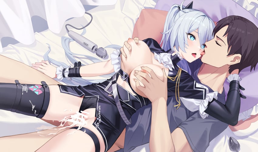 1boy 1girls after_kiss bar_censor black_bow black_leather_jacket black_panties black_skirt black_tights blue_eyes breast_grab brown_hair buttplug censored closed_eyes cum cum_in_pussy cum_overflow dripping_cum female grabbing_breasts grey_shirt hitachi_magic_wand honkai_impact_3rd kiana_kaslana kiana_kaslana_(herrscher_of_flamescion) large_breasts licking_face looking_at_partner male on_bed panties panties_aside partially_clothed purple_pillow red_pillow saliva_trail sex sex_toy spit_trail thigh_strap tongue_out vaginal_penetration very_long_hair vibrator white_hair white_sheets woman_on_top