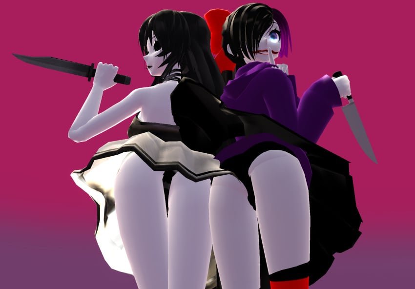 2girls ass back_view black_sclera creepypasta female jane_the_killer knife monster monster_girl multiple_girls nightmare_waifu nina_the_killer serial_killer simple_background weapon white_body