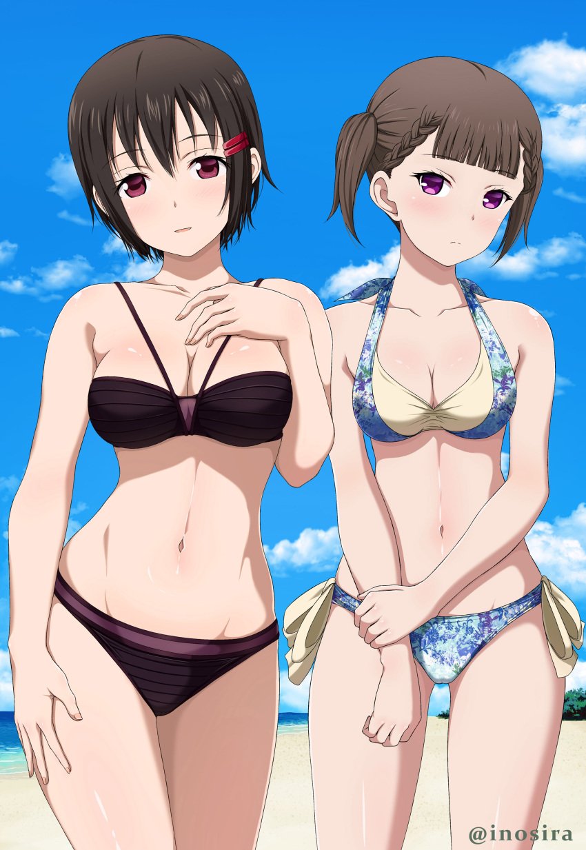 2girls bangs beach bikini black_hair blush brown_hair female female_only inoshira kaguya-sama_wa_kokurasetai_~tensai-tachi_no_renai_zunousen~ kashiwagi_nagisa large_breasts maki_shijo multiple_girls purple_eyes red_eyes short_hair swimsuit twintails