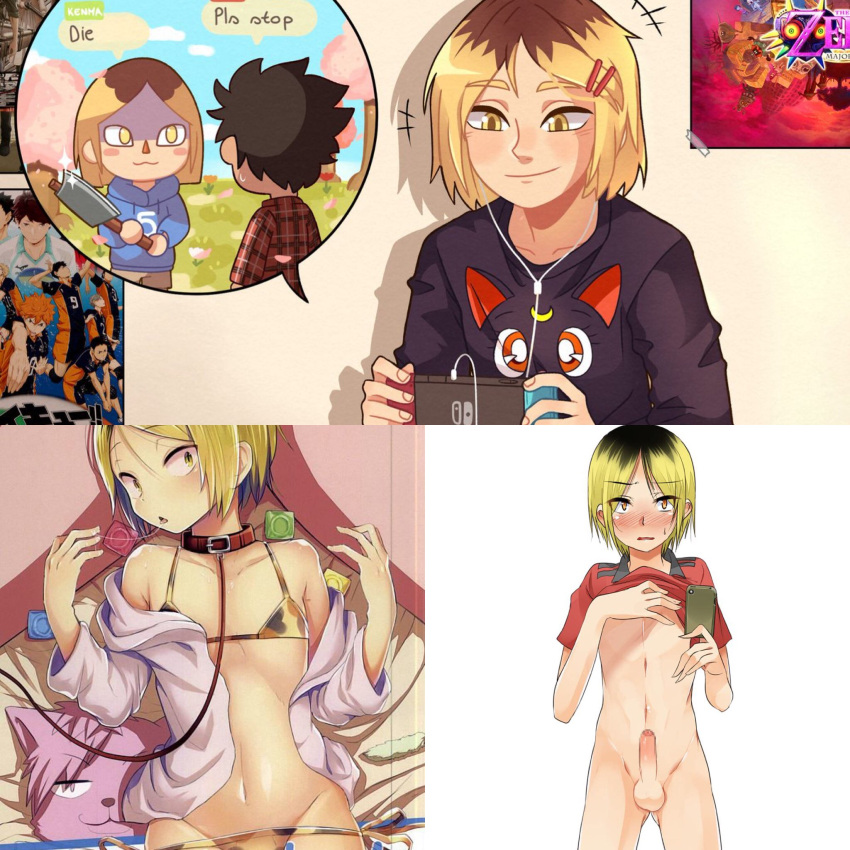 artist_request bottomless character clothed clothing collage flat_chest fully_clothed futa_only futanari gaming human mostly_nude original_character solo source_request two_tone_hair yellow_hair