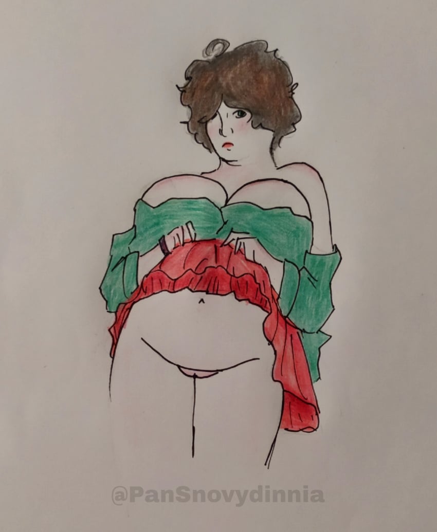 belly belly_button bernard_black big_breasts black_books breasts chubby chubby_female dylan_moran female female_only green_eyes green_shirt holding_skirt pussy red_skirt traditional_art traditional_drawing_(artwork) tummy