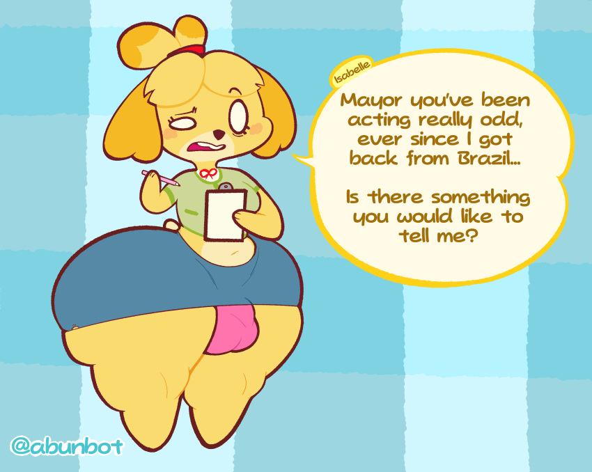 abunbot animal_crossing anthro brazil bulge canid canine canis clothed clothing digital_media_(artwork) domestic_dog female fur gynomorph hi_res intersex isabelle_(animal_crossing) mammal nintendo shih_tzu simple_background solo text thick_thighs toy_dog underwear wide_hips yellow_body yellow_fur