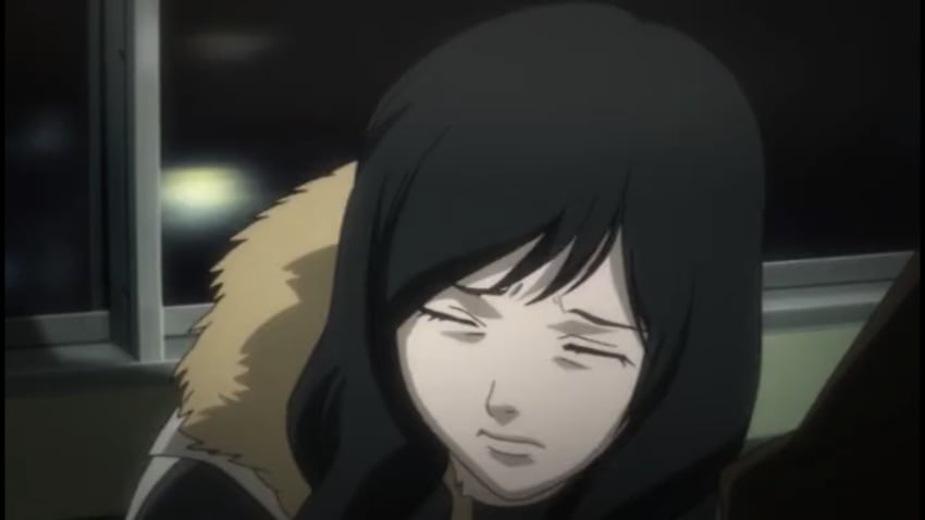 1girls anime_screencap background_character black_hair close-up closed_eyes curly_hair death_note eyelashes face female frown helpless jacket scared shoulder_length_hair