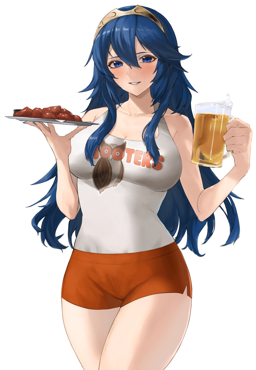 1girls absurdres alternate_breast_size alternate_costume beer_mug blue_eyes blue_hair breasts chicken_(food) cleavage cowboy_shot cup female female_only fire_emblem fire_emblem_awakening foam food hair_between_eyes highres holding holding_cup holding_plate hooters kataku_musou long_hair lucina_(fire_emblem) medium_breasts mug nintendo no_legwear orange_shorts parted_lips plate revision short_shorts shorts signature simple_background solo tank_top thighs tiara waitress wavy_hair white_background white_tank_top