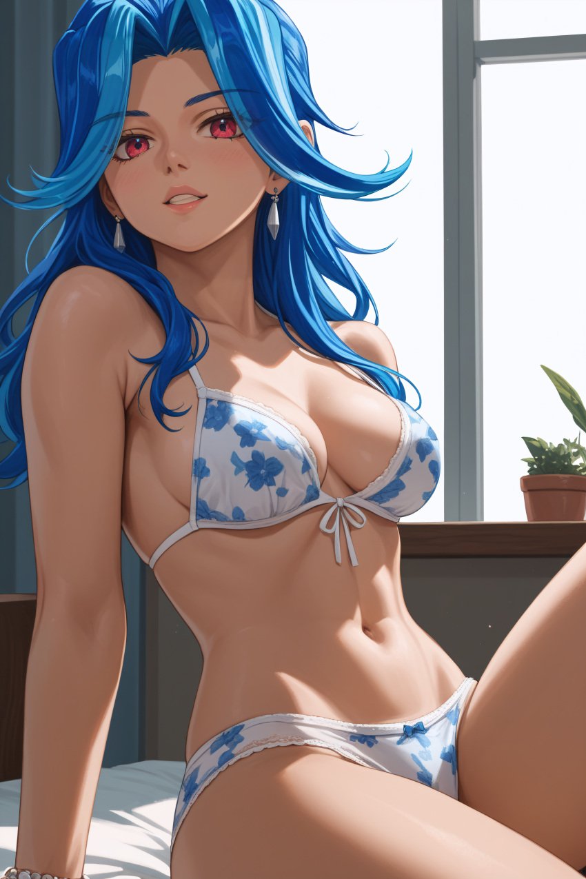 abdomen absurd_res bed bikini blue_hair blush bra breasts collarbone earrings faxtron female hi_res indoors jewelry kamishiro_rio lips long_hair looking_at_viewer mature_body muscular navel panties pose red_eyes rio_kamishiro smile solo stomach underwear white_panties yu-gi-oh! yu-gi-oh!_zexal