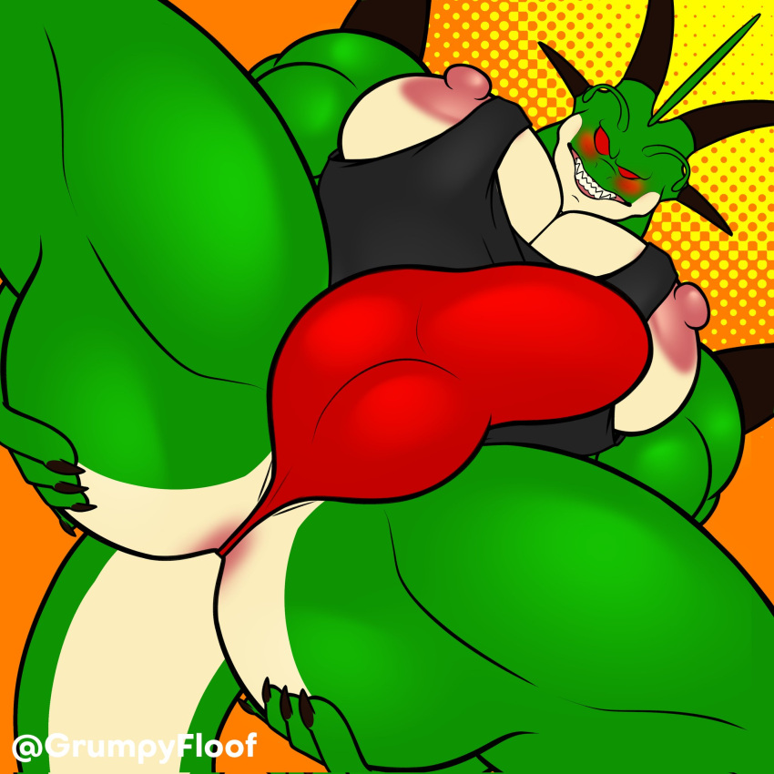 5_fingers alien antennae_(anatomy) anthro anus ass biceps big_butt big_muscles big_pecs black_nails blush bottomwear bulge claws clothed clothing colored_nails digital_media_(artwork) dragon dragon_ball dragon_ball_z fingers genitals green_body green_skin grumpyfloof hi_res horn humanoid humanoid_genitalia looking_at_viewer male muscular muscular_anthro muscular_male mythological_creature mythological_scalie mythology nails nipples not_furry pecs pink_nipples porunga porunga_(character) red_eyes scalie shirt simple_background solo spread_butt spread_legs spreading tail tank_top teeth text thong topwear underwear