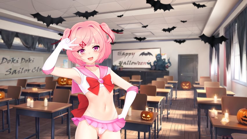 1girls cosplay doki_doki_literature_club eroneko female female_only halloween halloween_costume human natsuki_(doki_doki_literature_club) sailor_uniform solo