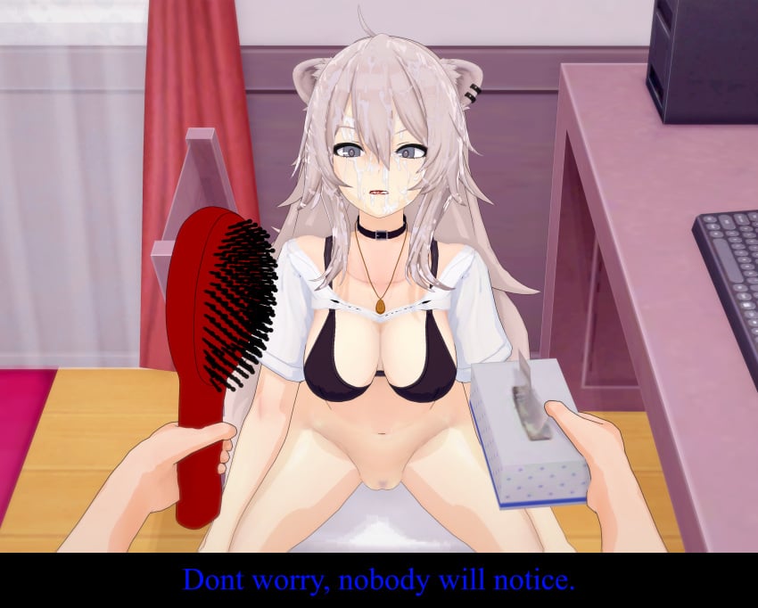 1boy 1girls bra cum_in_mouth cum_on_face cum_on_hair hairbrush hololive koikatsu randomfella0 shishiro_botan solo_focus text tissue_box top_lift virtual_youtuber