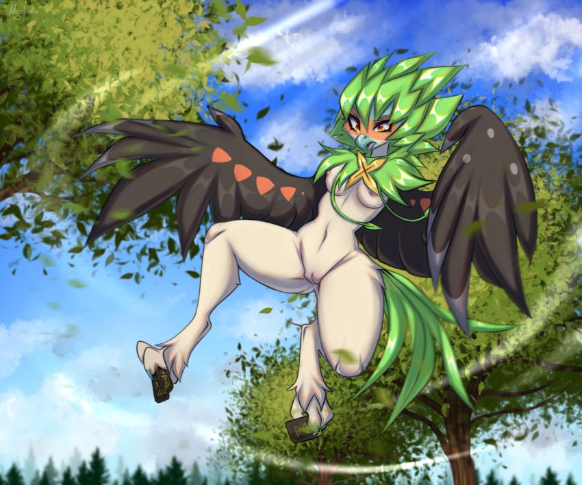 anthro avian black_wings decidueye feathers feet female generation_7_pokemon green_body green_feathers hi_res mysha_(artist) nintendo pokemon pokemon_(species) solo talons toes vanith_(nyxcha) wings