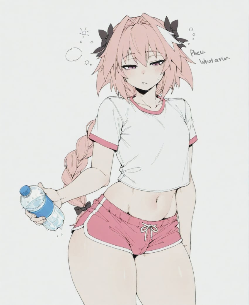 1boy ai_generated astolfo_(fate) astolfo_(saber)_(fate) bangs black_bow blush bottle bow braid braided_ponytail bulge collarbone cowboy_shot crop_top dolphin_shorts english_text fate/apocrypha fate/grand_order fate_(series) grey_background gym_shorts hair_between_eyes hair_intakes hair_ribbon hairbow half-closed_eyes holding holding_bottle light-skinned_male long_braid long_hair looking_at_viewer male male_focus male_only midriff multicolored_hair navel oerba_yun_fang otoko_no_ko penis pink_eyes pink_hair pink_shorts purple_eyes ribbon shirt short_shorts short_sleeves shorts simple_background single_braid solo sondu streaked_hair sweat thighs water_bottle white_background white_hair white_shirt yaoi
