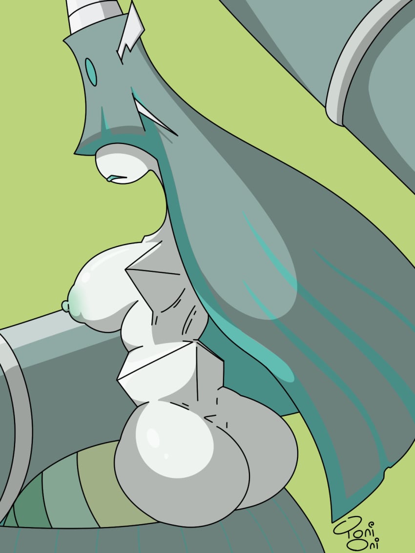 antennae_(anatomy) areola armless ass big_breasts big_butt blue_highlights breasts celesteela female generation_7_pokemon green_areola green_background green_body green_lips grey_hair hair hair_over_eyes hi_res highlights_(coloring) humanoid lips long_hair machine nintendo nipples pokemon pokemon_(species) rear_view robot simple_background sitting solo toni_oni ultra_beast