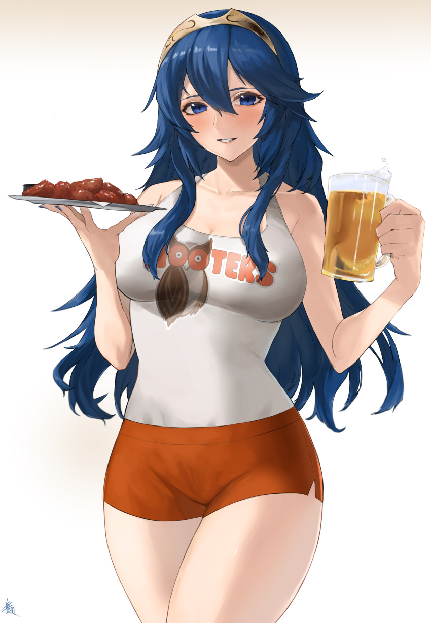 1girls absurdres alternate_breast_size alternate_costume beer_mug blue_eyes blue_hair breasts chicken_(food) cleavage cowboy_shot cup female female_only fire_emblem fire_emblem_awakening foam food hair_between_eyes highres holding holding_cup holding_plate hooters kataku_musou long_hair lucina_(fire_emblem) medium_breasts mug nintendo no_legwear orange_shorts parted_lips plate short_shorts shorts signature simple_background solo tank_top thighs tiara waitress wavy_hair white_background white_tank_top