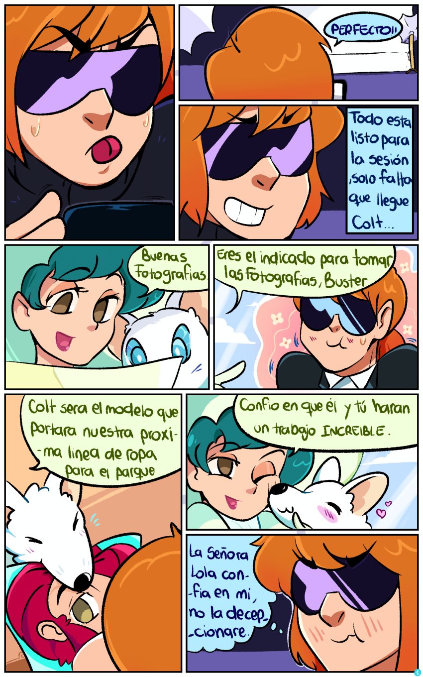 1boy 1girls 2024 absurd_res bara bodysuit brawl_stars buster_(brawl_stars) closed_eyes clothed clothed_male colt_(brawl_stars) comic dialogue duo eyebrows_visible_through_hair female fox gay green_hair hair heart hearts hi_res highres homosexual human lola_(brawl_stars) male nahu600 nervous one_eye_closed open_mouth orange_hair spanish_dialogue spanish_text supercell sweat sweatdrop text video_games