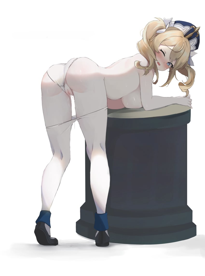 absurdres ass backboob barbara_(genshin_impact) bending_over bent_over blonde_hair blue_eyes blush breast_press breasts clothes_pull clothing_aside english_commentary female from_behind genshin_impact hat highres large_breasts leaning_on_object looking_at_viewer looking_back mini_hat nun one_eye_closed open_mouth panties panties_aside pantyhose pantyhose_pull pussy pussy_juice rea_loixacra solo sweat topless twintails underwear white_background white_legwear white_panties