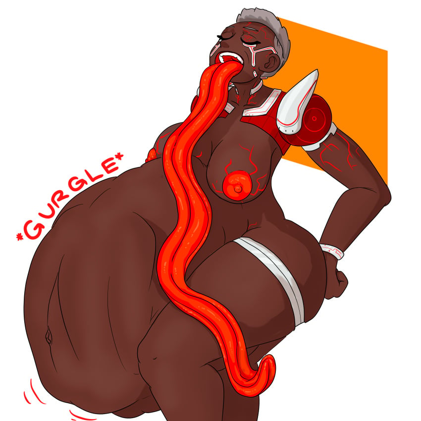 belly belly_bulge big_belly breasts closed_eyes dark-skinned_female dark_skin female female_pred huge_belly hyper_tongue long_tongue nipples red_(tongueslonger) same_size_vore tongue tongue_out tongueslonger vore