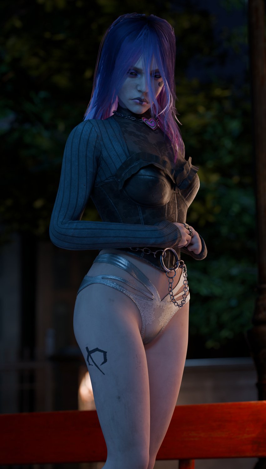 3d annoyed annoyed_expression bottomless dbd dead_by_daylight dress embarrassed female female_only goth goth_girl pale-skinned_female pale_skin purple_hair sable_ward saltyu white_panties