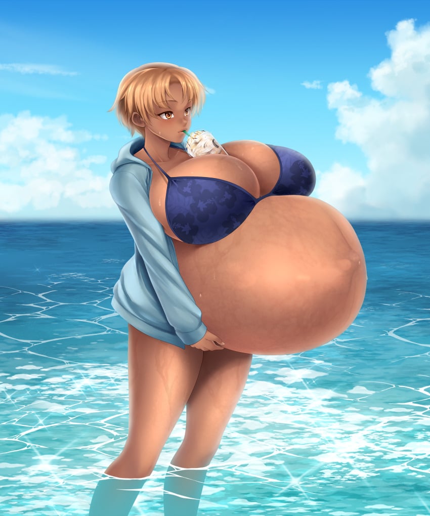 1girls beach belly big_belly big_breasts bikini blonde_hair breasts dark-skinned_female dark_skin female huge_belly huge_breasts hyper_pregnancy large_breasts pregnant saburox short_hair water