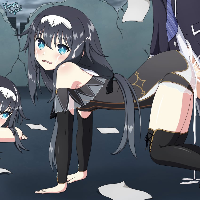 1boy 2d 2girls ass black_hair blue_eyes blush clothed_sex date_a_live itsuka_shido light-skinned_female long_hair nibelcol school_uniform sex small_breasts socks thighs vaginal_penetration vampy_squid