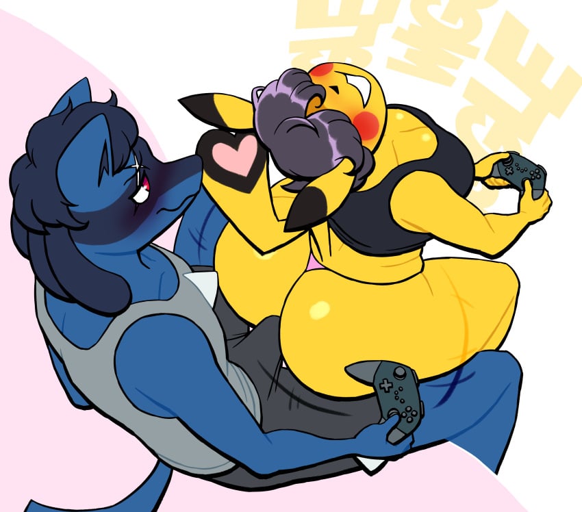 1boy 1girls anthro ass ass_shake big_ass black_hair breasts bubble_butt buttjob cleavage covered_buttjob crop_top dat_ass erection erection_under_clothes fat_ass female game_controller hair_over_eyes hot_dogging huge_ass large_ass lovetopullmicke lucario male motion_lines panties pikachu png pokemon pokemon_(species) shaking_ass tail tank_top teasing thick_ass thick_thighs underwear white_background wide_hips wiggle wiggling_ass