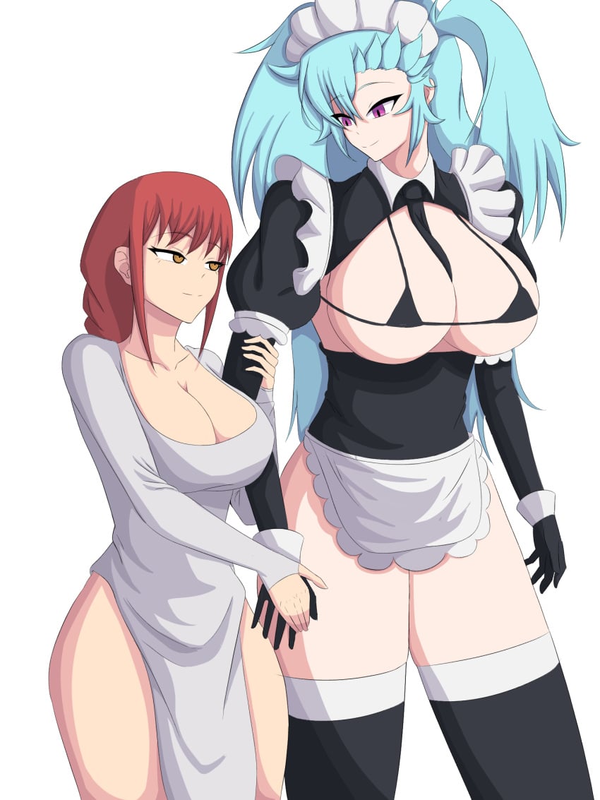 2girls akeno_(itsnafulol) arm_grab bikini_top blue_hair boob_window breasts chainsaw_man cleavage_cutout dress gatopng hair_between_eyes hair_over_one_eye handholding height_difference huge_breasts lesbian looking_at_another maid maid_apron maid_bikini maid_headdress makima_(chainsaw_man) pink_eyes red_hair size_difference smile taller_girl thighhighs twintails wide_hips yellow_eyes yuri