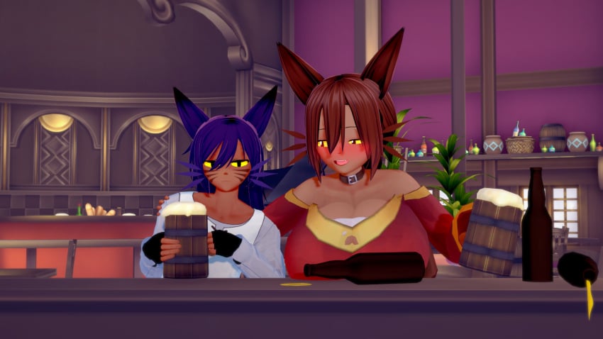 3d alternate_breast_size annoyed_expression bar beer bottle breasts_bigger_than_head brown_hair brown_skin cat_ears catgirl cosplay drinking drunk female huge_breasts humanoid incest koikatsu kono_subarashii_sekai_ni_shukufuku_wo! long_hair looking_at_another looking_at_viewer massive_breasts megumin milf mother mother_and_child mother_and_son mug niko's_mom niko's_mom_(oneshot) niko_(oneshot) oneshot ponytail purple_hair satou_kazuma son whiskers yellow_eyes