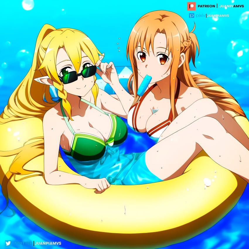 2girls adjusting_eyewear adjusting_glasses adjusting_sunglasses ai_generated bikini blonde_hair brown_eyes elf_ears float floating floating_hair green-tinted_eyewear green_eyes ice_cream juanpi_amvs lazo leafa long_hair looking_over_eyewear looking_over_sunglasses ocean patreon patreon_username sunglasses sword_art_online tinted_eyewear watermark yuuki_asuna