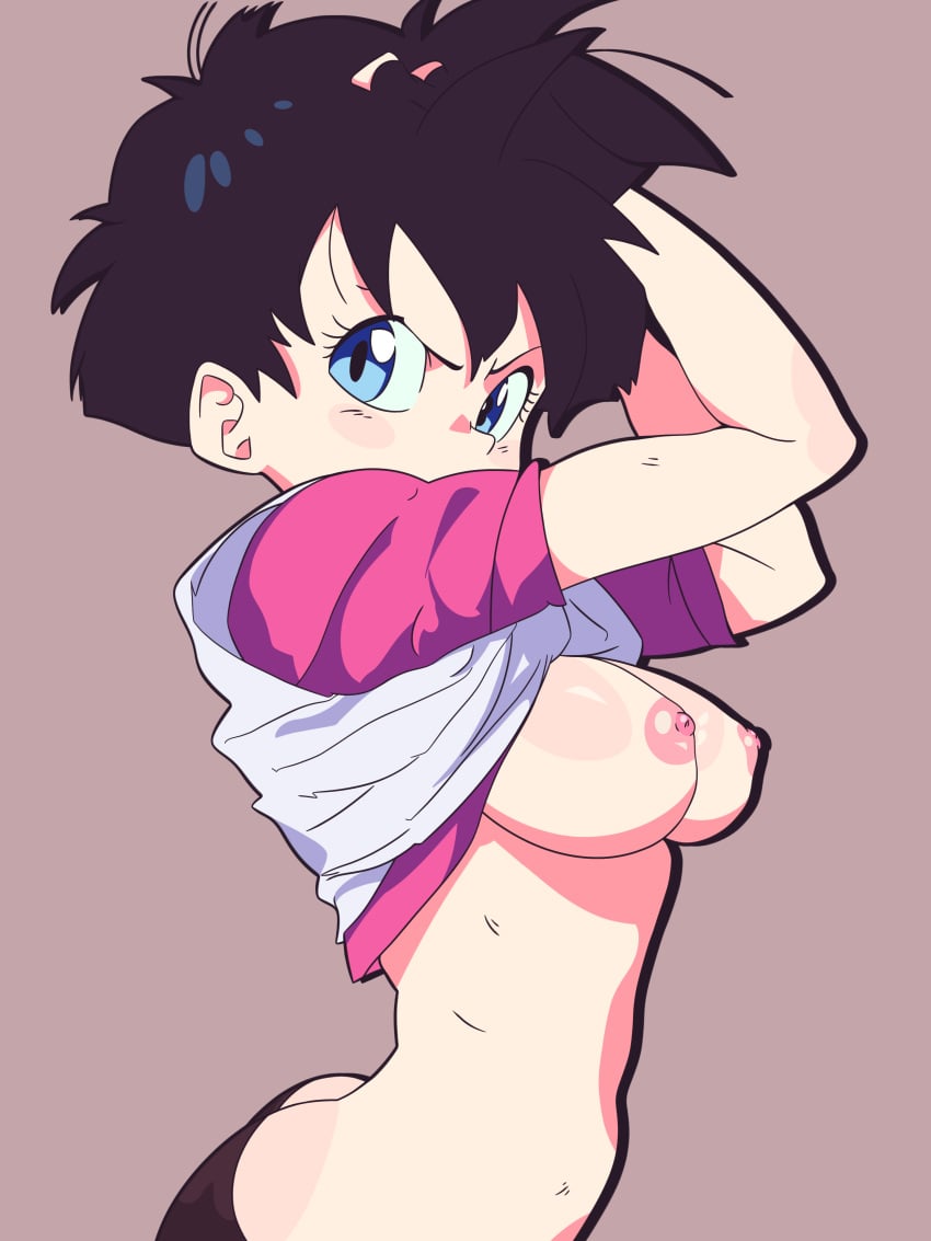 1girl 1girls 2d aetherion_art angry ass black_hair blue_eyes breasts breasts_out dragon_ball dragon_ball_z female female_only lifted_shirt short_hair solo videl