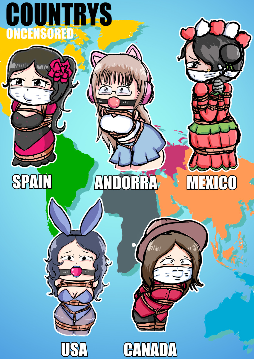 5girls andorra ball_gag black_hair bondage brown_hair bunny_costume bunny_girl bunnysuit canada english_text light-skinned_female light_skin long_hair long_hair_female mexican mexican_female mexico multiple_girls national_personification oncensored over_the_mouth_gag short_hair short_hair_female spain text world