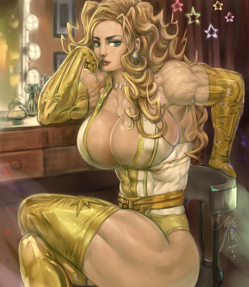 1girls abs annie_january big_breasts blonde_hair blue_eyes breasts earrings elbow_gloves eyeshadow female large_breasts legs_crossed lipstick long_hair muscular muscular_female sitting starlight_(the_boys) superheroine the_boys thighhighs zanzou