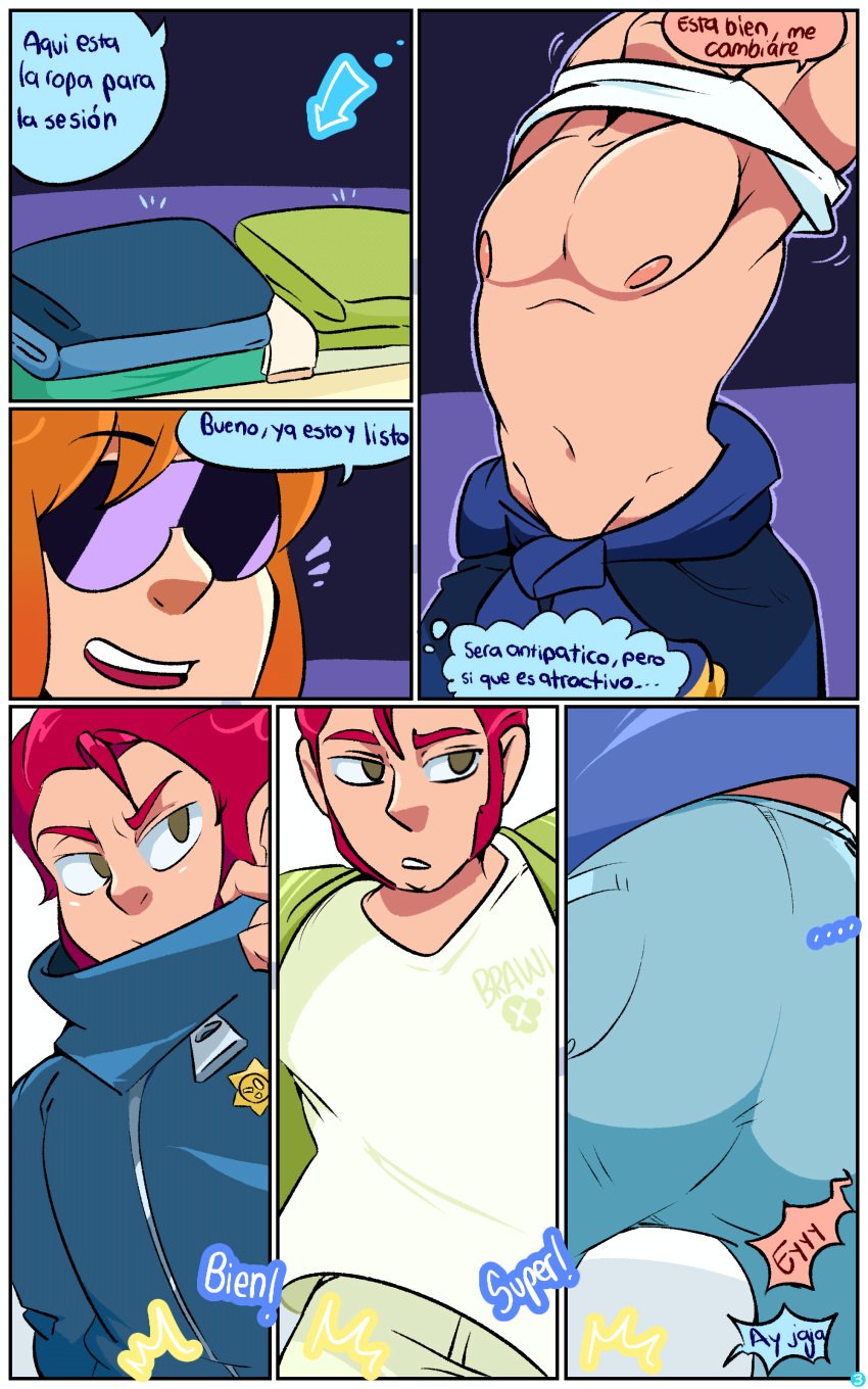 2024 2boys absurd_res ass brawl_stars buster_(brawl_stars) cellphone clothed clothed_male colt_(brawl_stars) comic comic_page dialogue eyebrows_visible_through_hair gay hi_res highres human male male_only nahu600 nipples open_mouth orange_hair pecs pecs_touching phone redhead short_hair sleeveless_shirt spanish_dialogue spanish_text sunglasses supercell sweat text video_games zipper