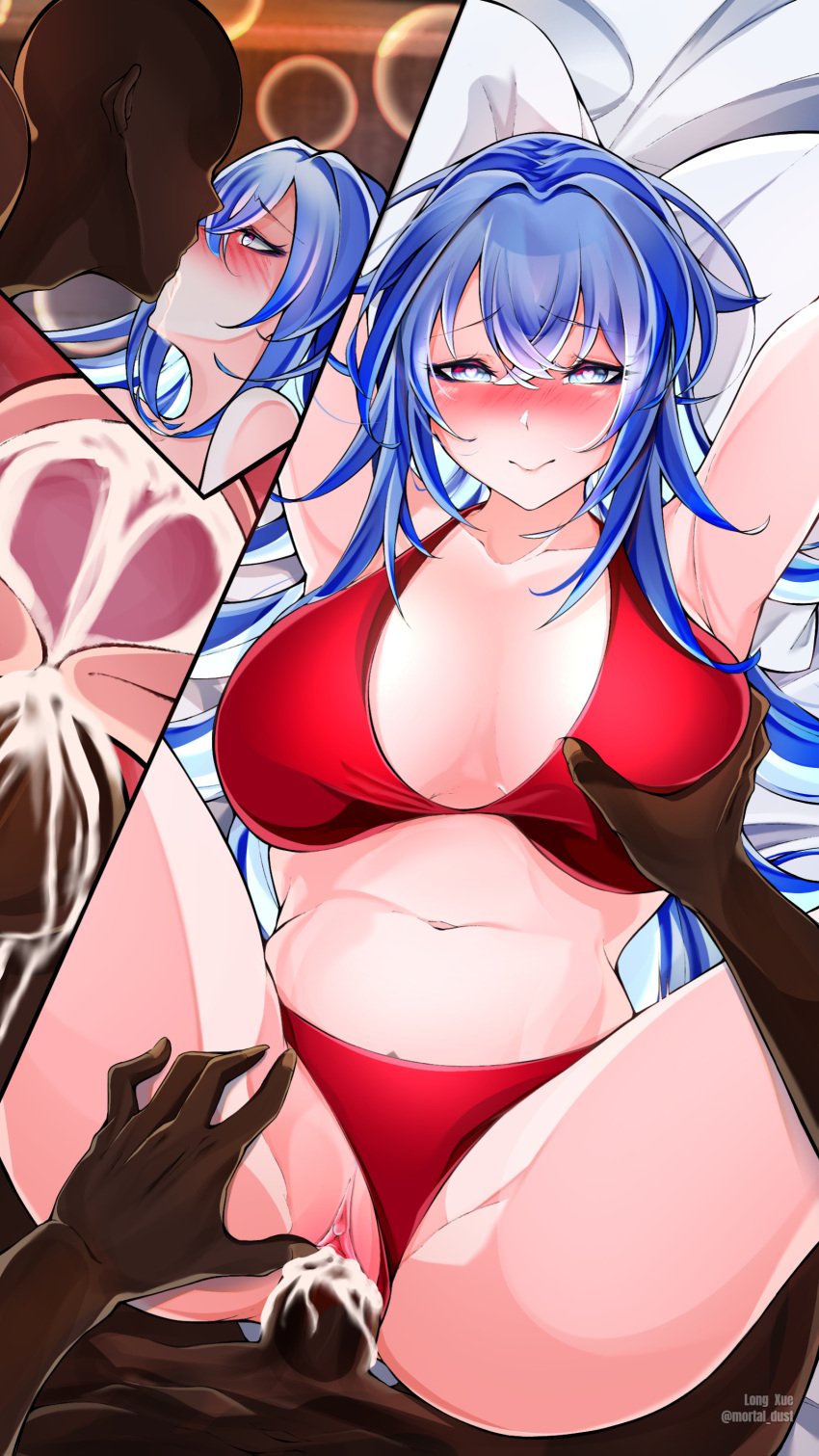 1boy 1boy1girl 1girls arms_behind_head azur_lane big_breasts big_penis bikini bikini_aside bikini_bottom bikini_top blue_eyes blue_hair blush breast_grab breasts cum cum_in_pussy cum_in_uterus dark-skinned_male dark_skin drooling hand_on_pussy heart-shaped_pupils interracial kissing lidded_eyes long_hair long_xue looking_at_viewer missionary_position multiple_views new_jersey_(azur_lane) on_back on_bed pale-skinned_female pale_skin penis penis_in_pussy pussy pussy_hair queen_of_spades red_bikini sex spread_legs thick_thighs vaginal_penetration vaginal_sex