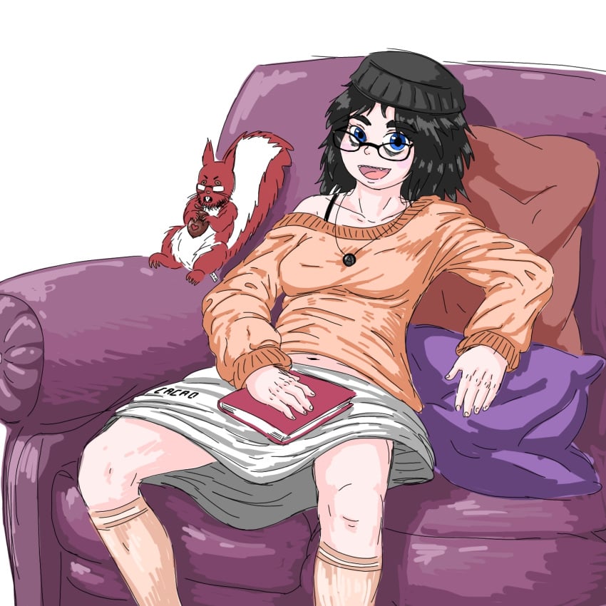 beanie black_hair blue_eyes book couch glasses mouth_open necklace pillow sitting soyjak soytan squirrel white_skin