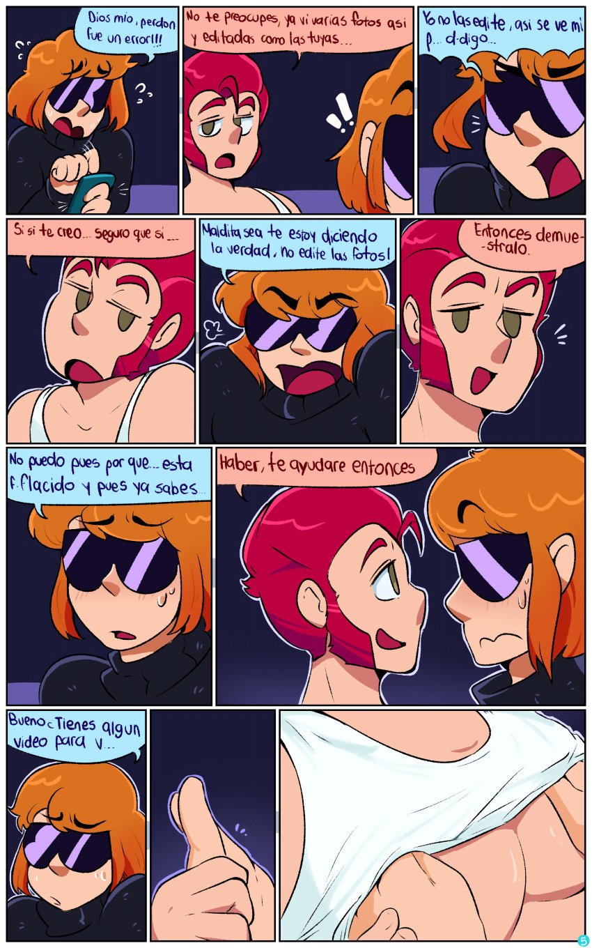 ! 2024 2boys absurd_res blush brawl_stars buster_(brawl_stars) cellphone clothed clothed_male colt_(brawl_stars) comic comic_page dialogue eyebrows_visible_through_hair gay hi_res highres human male male_only nahu600 open_mouth pecs pecs_touching phone question_mark redhead short_hair sleeveless_shirt spanish_dialogue spanish_text sunglasses supercell sweat sweatdrop sweater text video_games