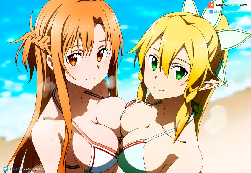 2girls ai_generated beach big_breasts bikini blonde_hair brown_eyes elf_ears green_eyes hugging juanpi_amvs lazo leafa long_hair looking_at_viewer patreon patreon_username seaside sword_art_online water watermark yuuki_asuna